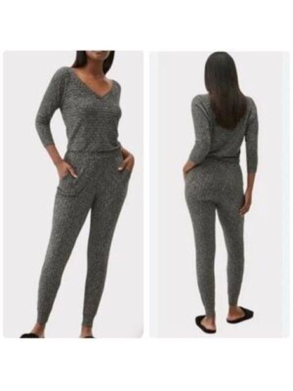 Michael Stars Rex Ribbed Jumpsuit Heathered Gray V-Neck 3/4 Sleeves Joggers M